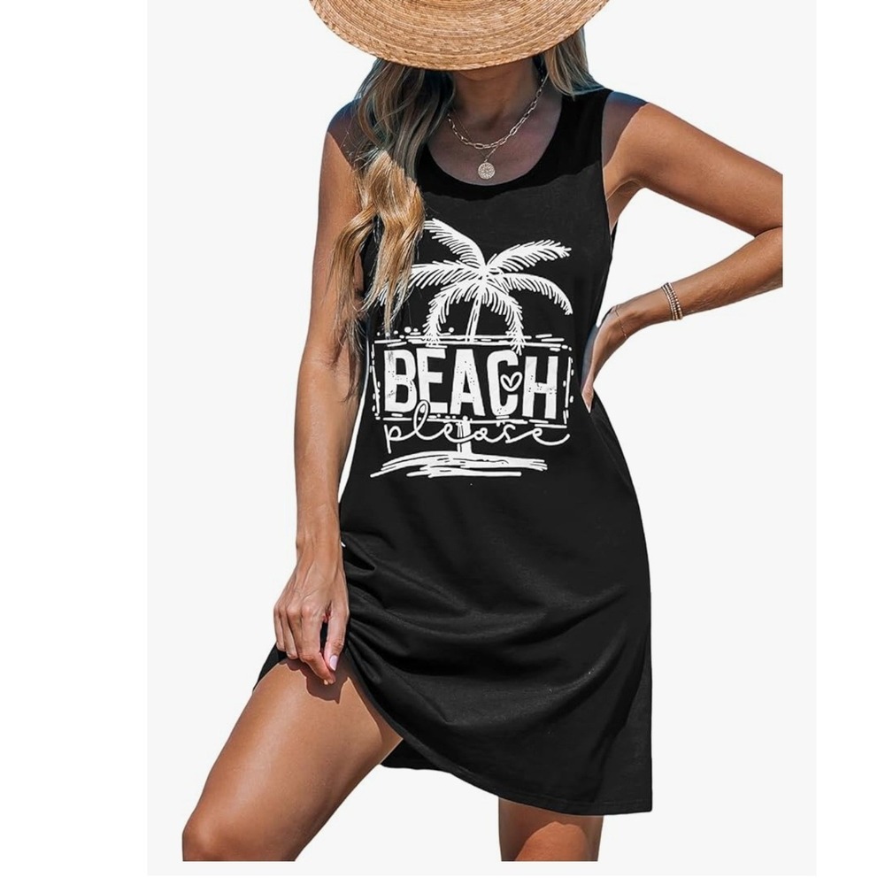 CUPSHE  NEW Black‎ Beach Please Palm Tree Graphic Tank Swimsuit Coverup Dress M